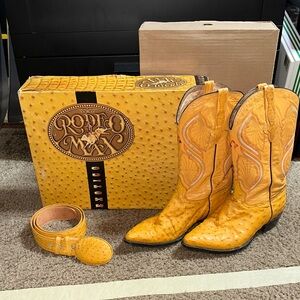 Authentic Yellow Ostrich Leather Cowboy Boots and Belt Set